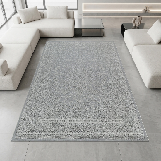 Teppich Grau Ornament Muster pflegeleicht aus recyceltem Material