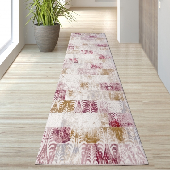 Designer Teppich Karo Design Bunt Rosa Creme Türkis
