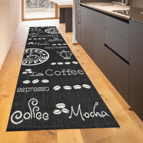 Preview: Moderner Küchenteppich Sisal  Küchenläufer flachgewebt Kaffee Espresso schwarz weiß