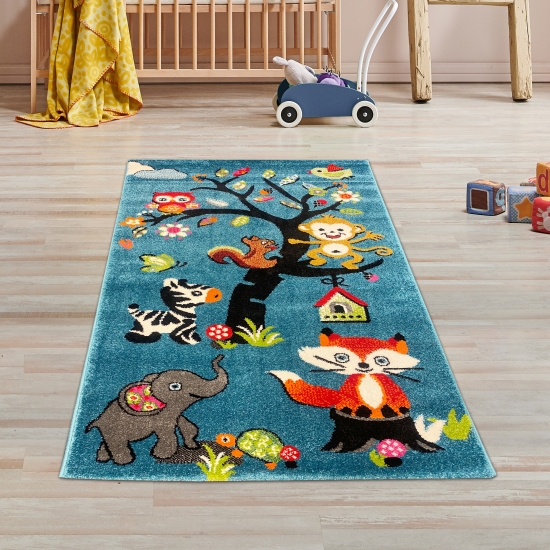 Preview: Kinderzimmer Teppich Zootiere in blau