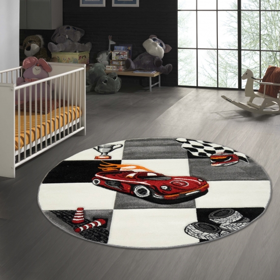 Kinderteppich Rennauto mit Creme Grau Rot Orange Schwarz