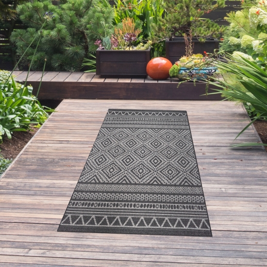 Preview: Moderner In- & Outdoorteppich mit geometrischen Mustern in Anthrazit und Creme