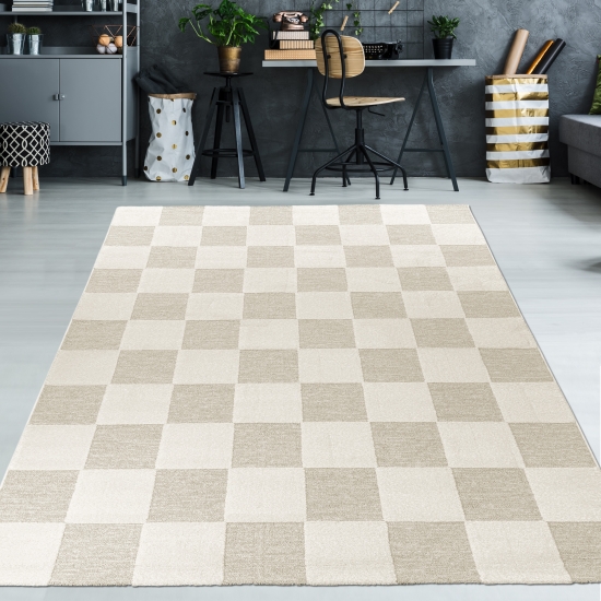 Teppich Pflegeleicht und Strapazierfähig mit Karomuster in Creme Beige