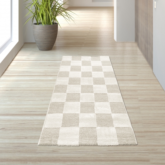 Preview: Teppich Pflegeleicht und Strapazierfähig mit Karomuster in Creme Beige Preview: Teppich Pflegeleicht und Strapazierfähig mit Karomuster in Creme Beige