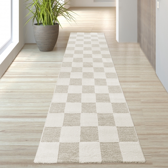 Preview: Teppich Pflegeleicht und Strapazierfähig mit Karomuster in Creme Beige Preview: Teppich Pflegeleicht und Strapazierfähig mit Karomuster in Creme Beige