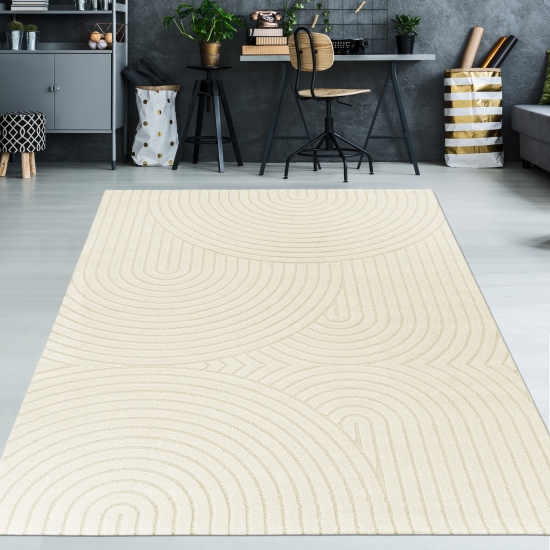 Moderner Wohnzimmerteppich mit elegantem Bogenmuster in Creme