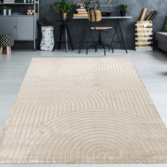 Moderner Teppich mit geometrischem Bogenmuster in stilvollem beige