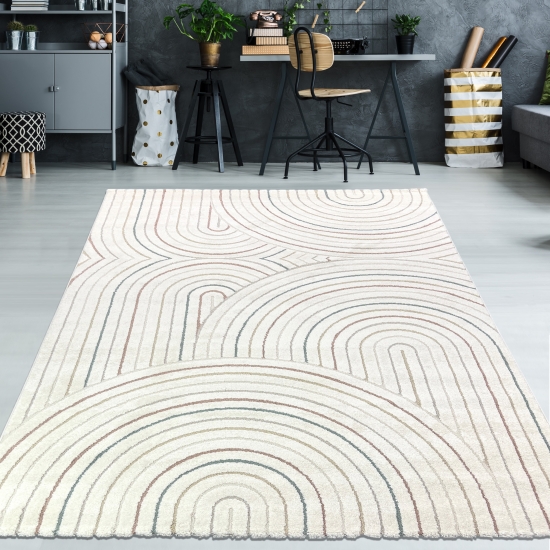 Moderner Teppich mit Bogenmuster in Beige und bunten Akzenten