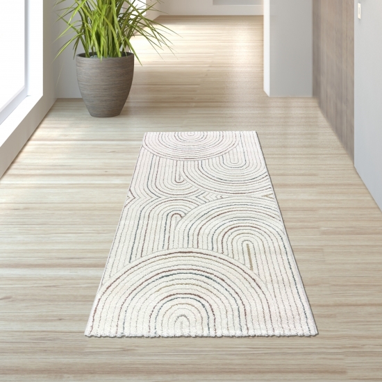 Preview: Moderner Teppich mit Bogenmuster in Beige und bunten Akzenten