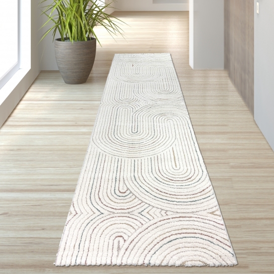 Preview: Moderner Teppich mit Bogenmuster in Beige und bunten Akzenten