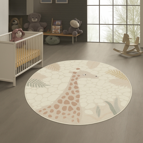 Preview: Kinderzimmer Spielezimmer Teppich mit Giraffen Abbild in creme beige