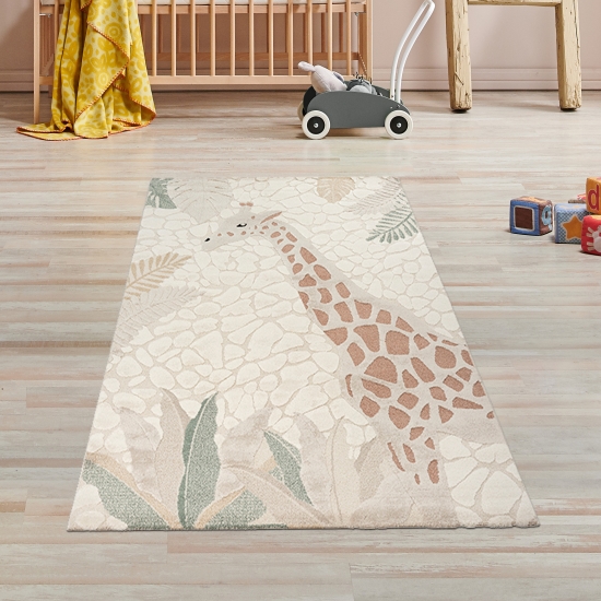 Preview: Kinderzimmer Spielezimmer Teppich mit Giraffen Abbild in creme beige