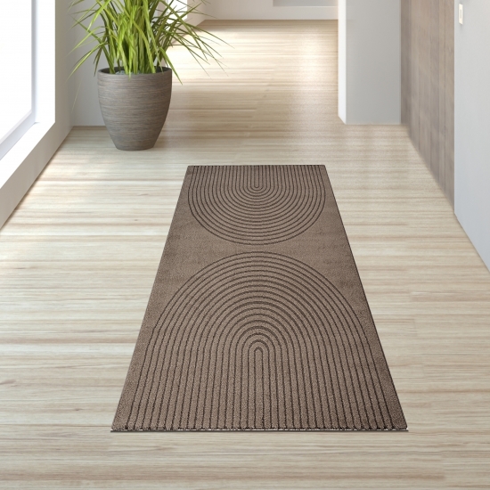 Preview: Teppich Braun mit 3D-Kreismuster pflegeleicht und robust