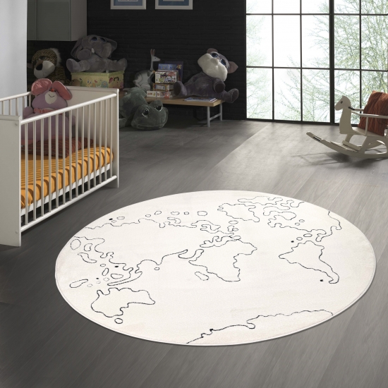 Runder Kinderzimmerteppich 3D-Effekt Weltkarte als Muster in creme