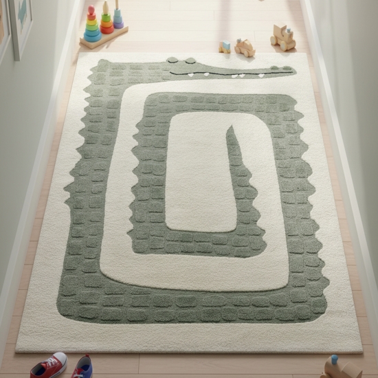 Preview: Kinderteppich Krokodil Grün Creme pflegeleicht weich robust