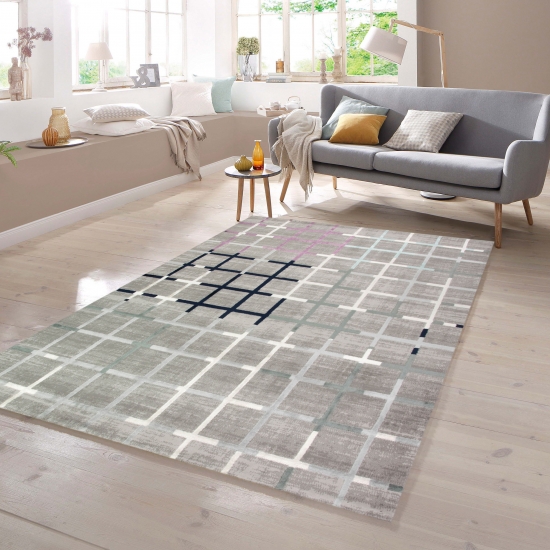 Designer Teppich in Grau Lila Blau Türkis