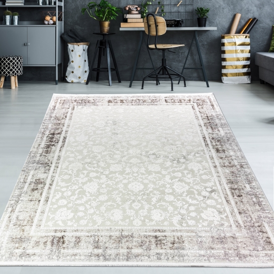 Wollteppich Beige Ornamentmuster Vintage edel Glanzoptik für Schlafzimmer Wohnzimmer