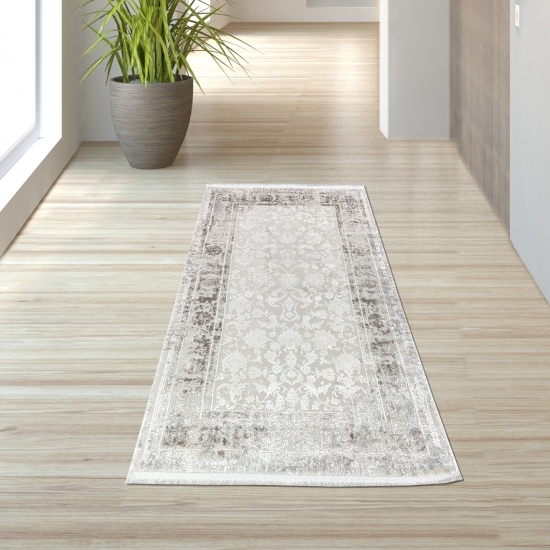 Preview: Wollteppich Beige Ornamentmuster Vintage edel Glanzoptik für Schlafzimmer Wohnzimmer