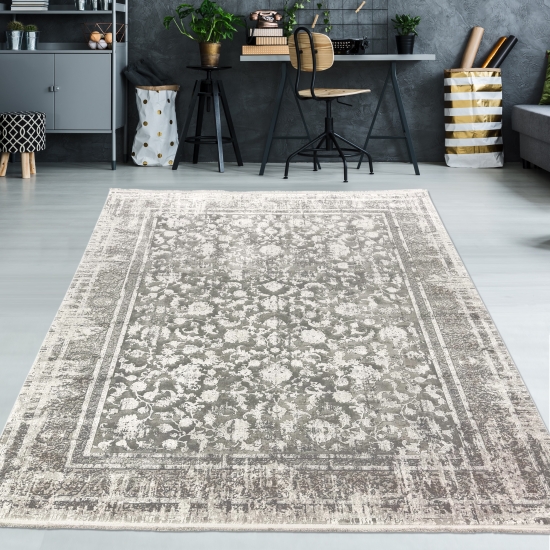 Wollteppich Orintalisches Design Grau Vintage glänzend edel für Wohnzimmer Schlafzimmer