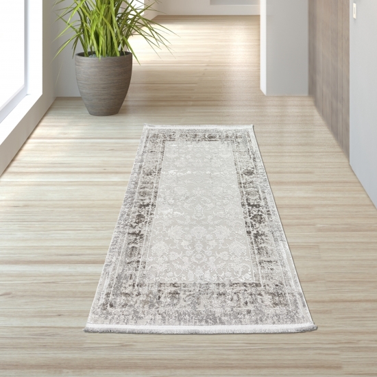 Preview: Wollteppich Orintalisches Design Grau Vintage glänzend edel für Wohnzimmer Schlafzimmer