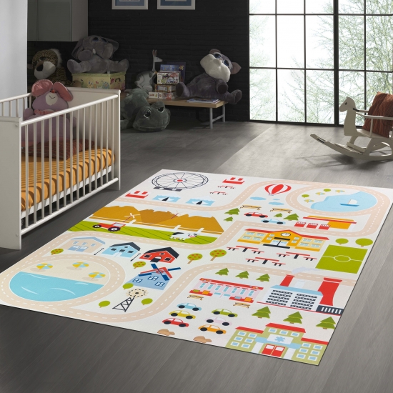 Rutschfester Kinderzimmerteppich mit Städtemuster in Beige