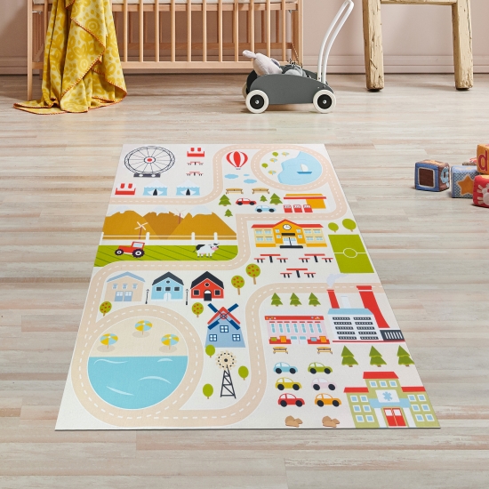 Rutschfester Kinderzimmerteppich mit Städtemuster in Beige