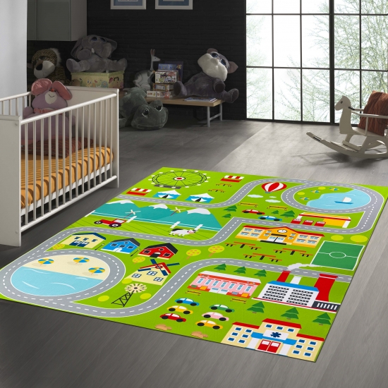 Spielerischer Kinderzimmerteppich mit Städtemuster in Grün