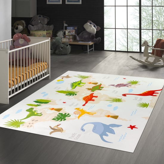 Kinderzimmerteppich Antirutsch mit Dinomuster in Beige