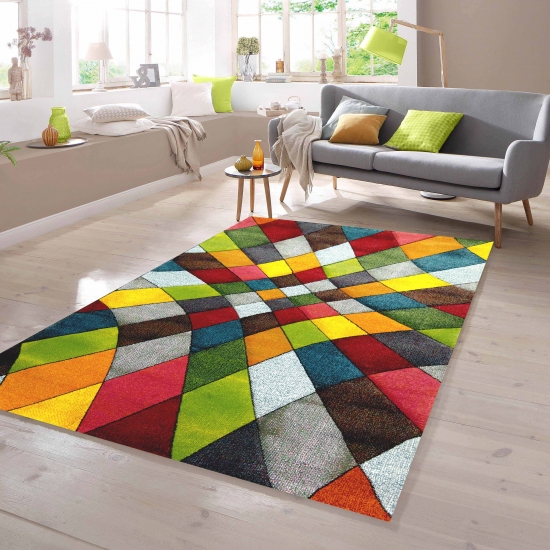 Teppich buntes Rautenmuster grün gelb orange