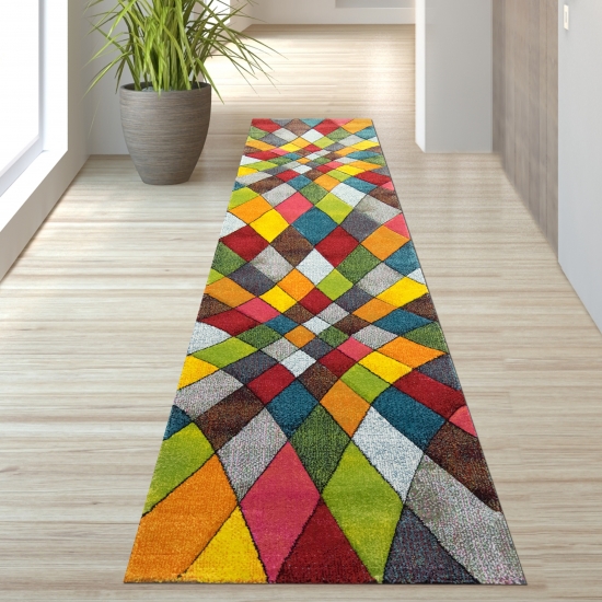 Preview: Teppich buntes Rautenmuster grün gelb orange