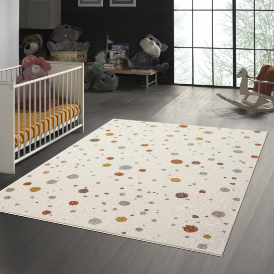 Cremefarbener Teppich mit Farbklecksen in Braun- und Grautönen: Künstlerische Eleganz für Ihr Zuhause