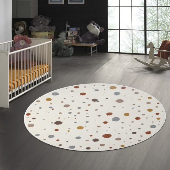 Preview: Cremefarbener Teppich mit Farbklecksen in Braun- und Grautönen: Künstlerische Eleganz für Ihr Zuhause