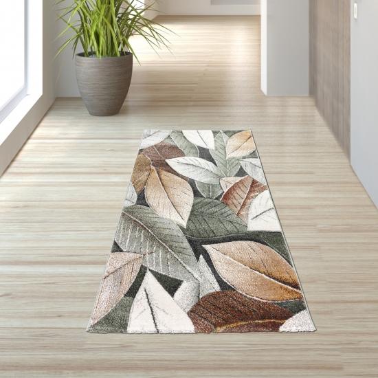 Preview: Teppich in Grün mit Blatt-Design – modern & pflegeleicht für Wohn- und Schlafräume