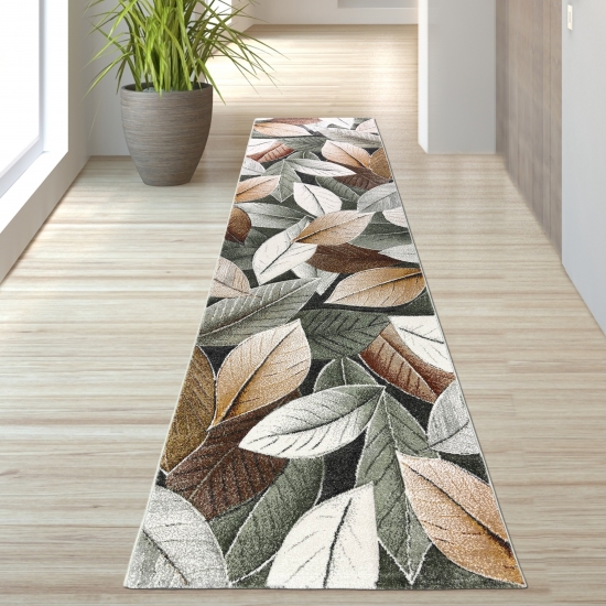 Preview: Teppich in Grün mit Blatt-Design – modern & pflegeleicht für Wohn- und Schlafräume