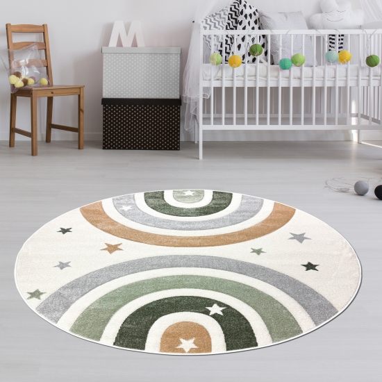 Preview: Kinderzimmerteppich Pastelltöne Weich Pflegeleicht mit Regenbogen-Muster in creme pastell