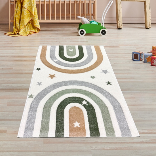 Preview: Kinderzimmerteppich Pastelltöne Weich Pflegeleicht mit Regenbogen-Muster in creme pastell
