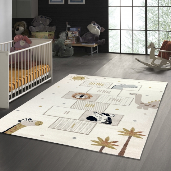 Kinderteppich mit Tieren & Hüpfspiel Weich, Pflegeleicht & Strapazierfähig in creme
