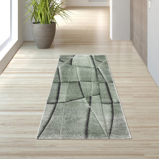 Preview: Teppich grün mit geometrischem Muster – pflegeleicht & stilvoll für moderne Wohnräume