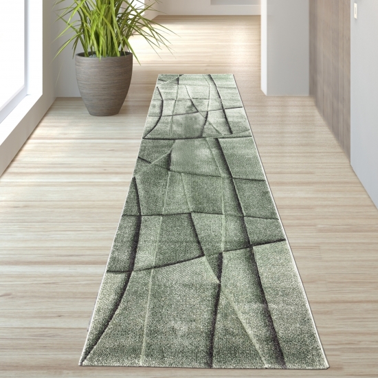 Preview: Teppich grün mit geometrischem Muster – pflegeleicht & stilvoll für moderne Wohnräume
