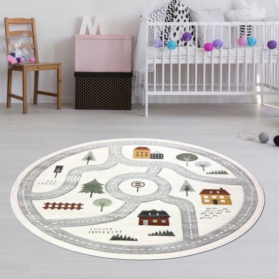 Runder Spielteppich mit Straßenmotiv fürs Kuschelig & Pflegeleicht in creme pastelltönen