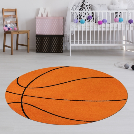 Runder Teppich Basketball-Optik Sport, Weich & Pflegeleicht für Kinder- & Jugendzimmer in Orange Schwarz