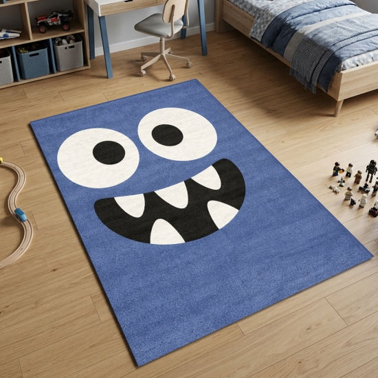 Runder Spielteppich Blau mit Monster Gesicht