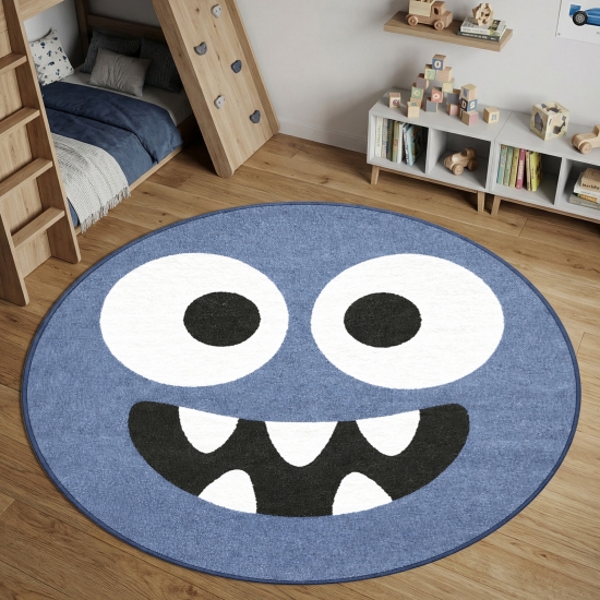 Preview: Runder Spielteppich Blau mit Monster Gesicht