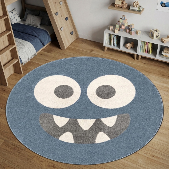Preview: Runder Spielteppich Blau mit Monster Gesicht
