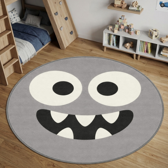 Preview: Runder Spielteppich Grau mit Monster Gesicht