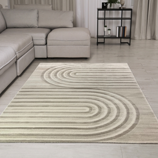 Designteppich Creme Beige modern Streifenoptik pflegeleicht strapazierfähig Glanzeffekt Wohnzimmer Schlafzimmer Flur