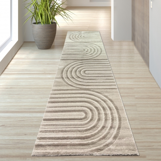 Preview: Designteppich Creme Beige modern Streifenoptik pflegeleicht strapazierfähig Glanzeffekt Wohnzimmer Schlafzimmer Flur