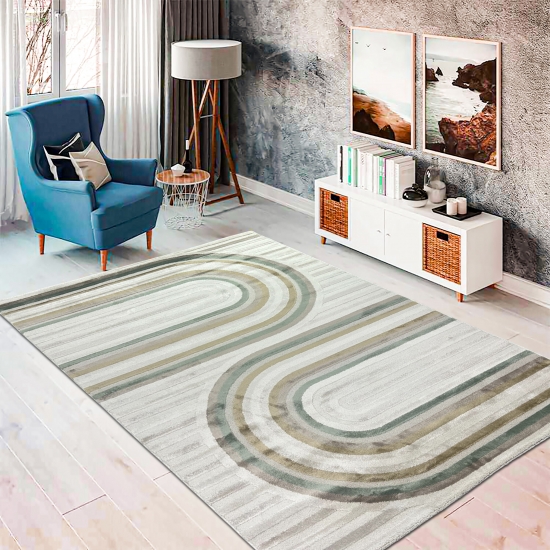 Designteppich Creme Beige Grün Braun modern Muster pflegeleicht strapazierfähig Glanzeffekt Wohnzimmer Schlafzimmer Flur