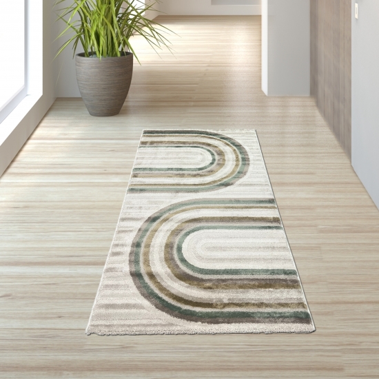 Preview: Designteppich Creme Beige Grün Braun modern Muster pflegeleicht strapazierfähig Glanzeffekt Wohnzimmer Schlafzimmer Flur
