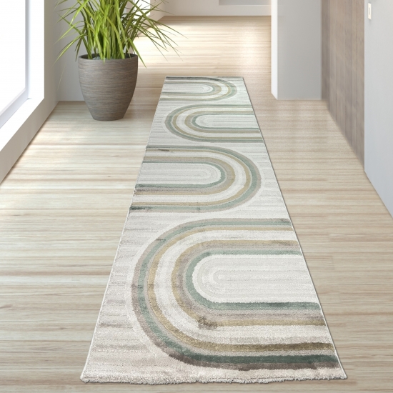 Preview: Designteppich Creme Beige Grün Braun modern Muster pflegeleicht strapazierfähig Glanzeffekt Wohnzimmer Schlafzimmer Flur